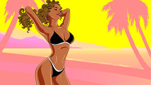 Summer Time Poster With Sexy Young Girl In Seaside. Vector Illustraton.