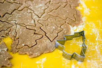 Rolled dough with a Christmas tree shape cut out on it. Christmas cookies from chocolate dough. Preparations for baking cookies in the form of Christmas trees on a yellow background.