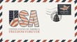 © paseven - Vector postcard or envelope with letters USA in colors of american flag and inscriptions. Postcard with postmark in form of capitol building and postage stamp with american flag and map.