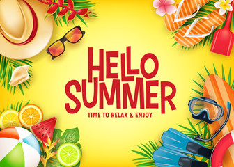 Wall Mural - hello summer realistic vector banner in yellow background with tropical elements like scuba diving e