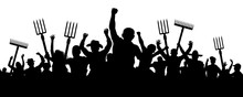 Crowd Of People With A Pitchfork Shovel Rake. Angry Peasants Protest Demonstration. Riot Workers Vector Silhouette