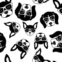 Seamless Pattern Of Cute Dog Faces. French Bulldog, Beagle And Chihuahua. Black White Vector Illustration.