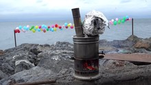 4K Making Tea In The Teapot On Fire At The Seaside One The Rainy Day