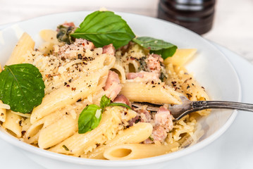 Very simple traditional Italian pasta - penne with pancetta and cheese in a plate on a light background