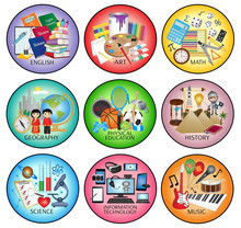 Education Web Icons - School Subject Areas - English, Art, Math, Geography, Physical Education, History, Science, Information Technology And Music