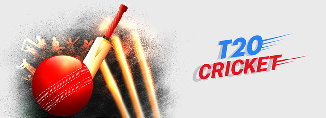 Vector illustration of cricket ball, bat with wicket stumps on grunge background for T20 Cricket header or banner design.