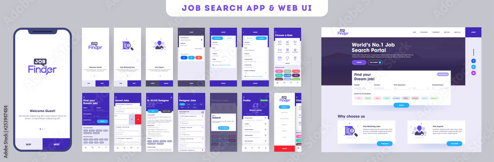 App ui kit for responsive mobile app or website with different application layout including sign up, job interview, working experience, user recruitment, getting work steps graphic instructions. - obrazy, fototapety, plakaty 