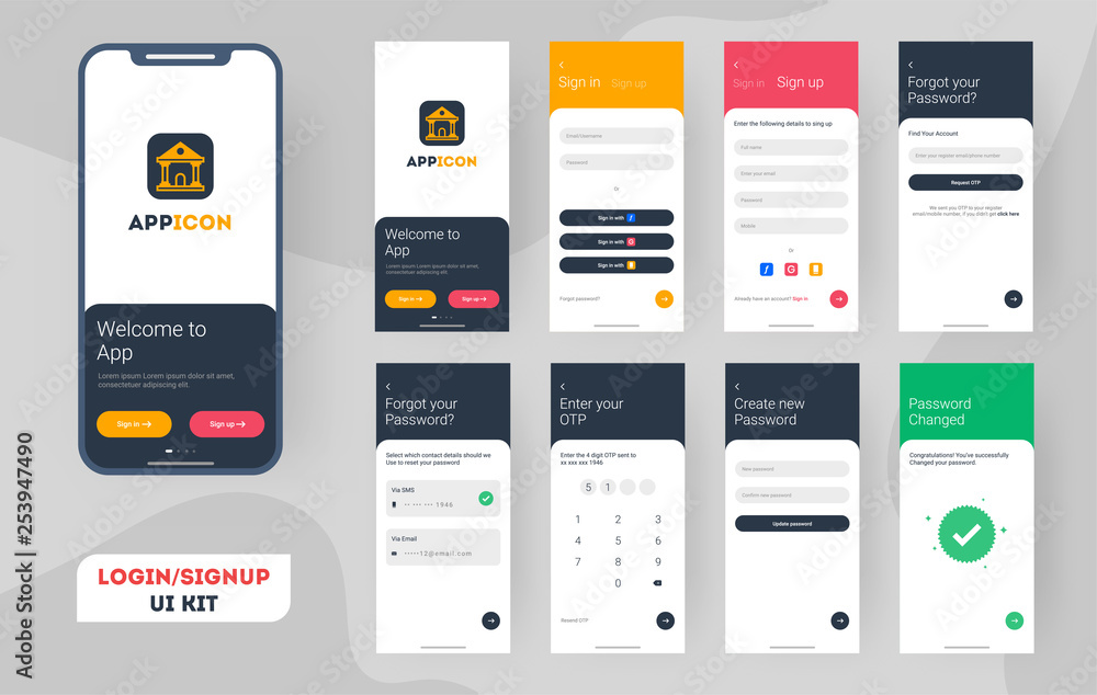 Sign In Mobile App Set of Mobile Login screens with UI for applications including Account ...