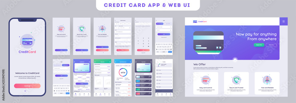 Online Payment or Credit cards app ui kit for responsive mobile app with website menu like as, credit cards uploading, saving, checking accounts and transaction confirmation. - obrazy, fototapety, plakaty 