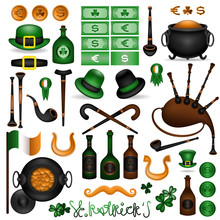 The Collection Of Attributes Of The Feast Of St.Patrick.Things Gnome, Leprechaun.Bagpipes,smoking Pipe, Trefoil,coins,pot,flag,medal,horseshoe, Walking Stick,green Hat,mustache. Vector Illustration.