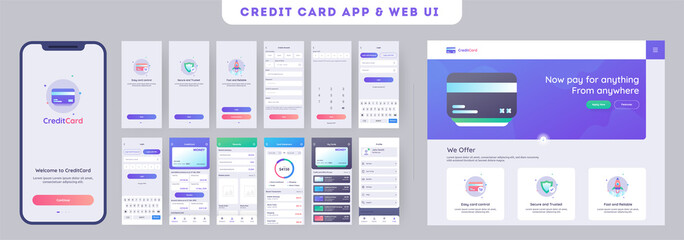 online payment or credit cards app ui kit for responsive mobile app with website menu like as, credi