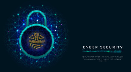 Cyber security concept. Internet data protection technology with fingerprint scanner on blue background. Network information privacy. Vector illustration