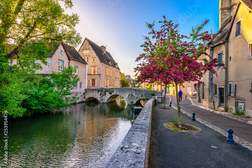 Eure River embankment with old houses in a small town Chartres, France