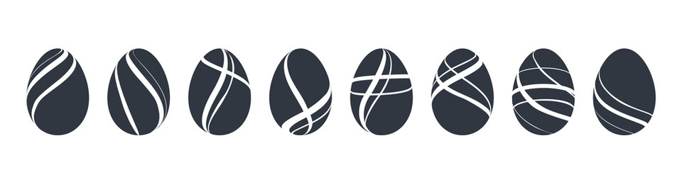 Wall Mural - Easter egg icons. Black eggs set, isolated white background. Simple design, decoration Happy Easter. Holiday decorative elements collection. Cute pattern ornament. Spring symbol. Vector illustration