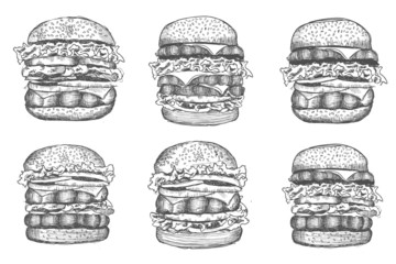 Wall Mural - Vector black hand drawn burger on white background