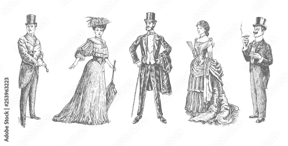 ladies and gentlemen. Man and woman figure collection. Victorian Clothing. Vintage Hand Drawn Set. Retro Illustration in ancient engraving style - obrazy, fototapety, plakaty 