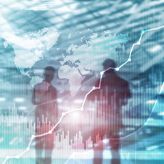 Wall Mural - Business abstract background double exposure graph, chart and diagram. World wide map and. Global business and financial trading concept.