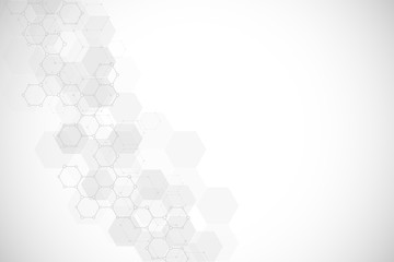 Abstract background of science and innovation technology. Technical background with hexagons pattern and molecular structures.