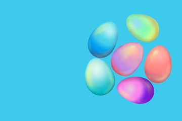 Wall Mural - Colorful Easter eggs on blue background, copy space. Greeting cards for Easter, print, poster.