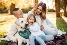 Happy Beautiful Family With Dog Labrador Is Having Fun  Are Sitting On Green Grass In Park.