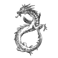 Flying Dragon. Sketch Tattoo. Engraving Style. Vector Illustration.