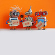 © besjunior - Robotic hiring recruitment concept. Three funny robots looking for a new assistant in company. Hr cyborgs holds a cardboard posters handwritten text Join Our Team. Orange gray background, copy space.