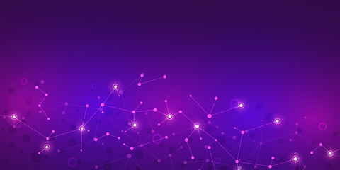 Abstract technology and innovation background with molecular structures and neural network. Molecules DNA and genetic engineering. Technical and scientific concept.