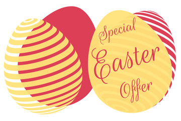 Modern trendy easter special sale offer banner background template with inscription and colorful striped eggs. Red, black and yellow design. Editable vector EPS 10 illustration.