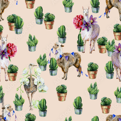 Watercolor seamless pattern with alpaca, llama, ostrich and cactus. Use as wa...