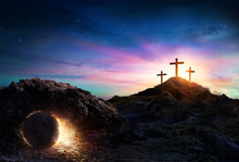 Resurrection - Tomb Empty With Crucifixion At Sunrise