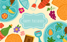 Passover Holiday Cute Banner Design With Traditional Seder Plate, Matzo And Wine.
