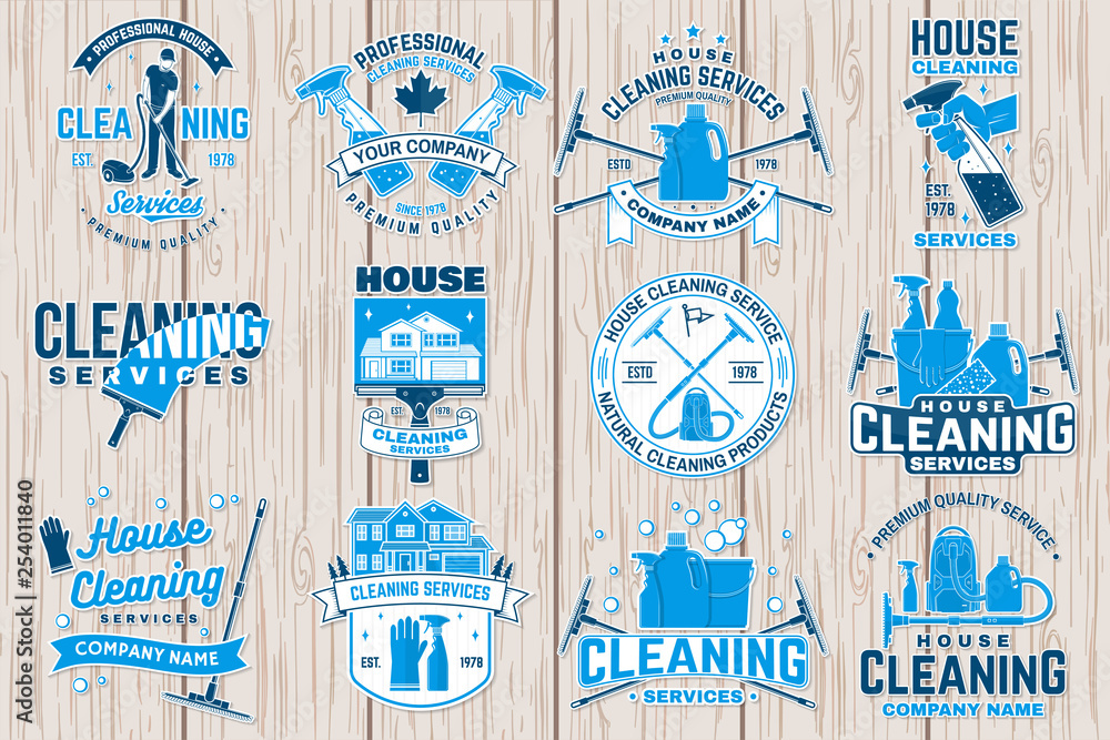 Cleaning company badge, emblem. Vector illustration. Concept for patch, stamp or sticker. Vintage typography design with cleaning equipments. Cleaning service sign for company related business - obrazy, fototapety, plakaty 