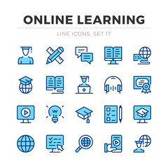 Wall Mural - online learning vector line icons set. thin line design. outline graphic elements, simple stroke sym