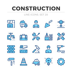 Construction vector line icons set. Thin line design. Outline graphic elements, simple stroke symbols. Construction icons