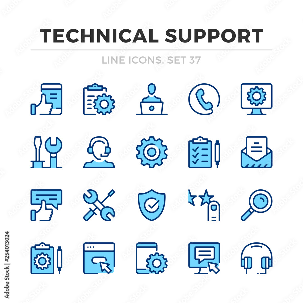 Technical support vector line icons set. Thin line design. Outline graphic elements, simple stroke symbols. Technical support icons - obrazy, fototapety, plakaty 