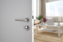 Door Handle , Door Open In Front Of Blur Interior Room Background, Selective Focus