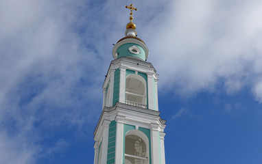 The bell tower of the Transfiguration Cathedral in Tambov against the sky, Russian Orthodox Church