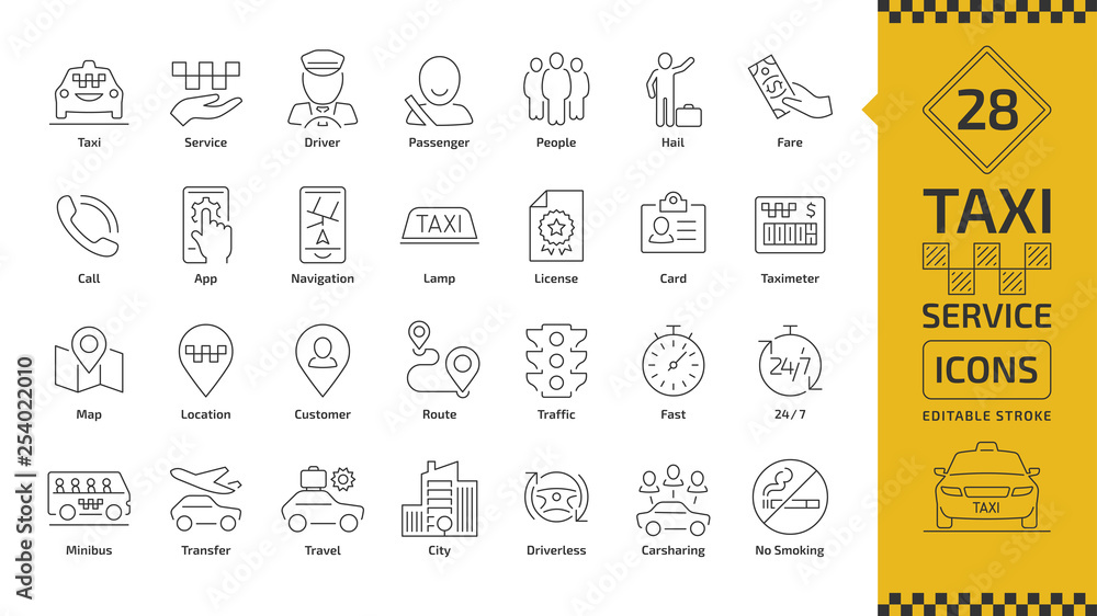 Vector taxi cab car service editable stroke line icon set with motor transport, driver, passenger on travel, people and city traffic thin outline sign. - obrazy, fototapety, plakaty 