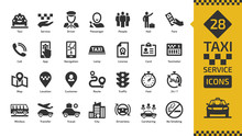 Vector Taxi Cab Car Service Icon Set With Motor Transport, Driver, Passenger On Travel, People And City Traffic Flat Silhouette Sign.