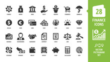 Vector Business And Finance Icon Set With Money, Bank, Piggy, Credit, Exchange, Graph, Deposit, Calculator, Web, Law, Dollar, Euro, Coin, Card, Currency, Handshake And More Isolated Silhouette Symbol.