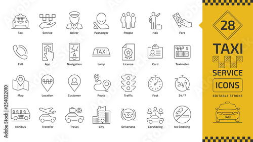 Fotografía Vector taxi cab car service editable stroke line icon set with motor transport, driver, passenger on travel, people and city traffic thin outline sign