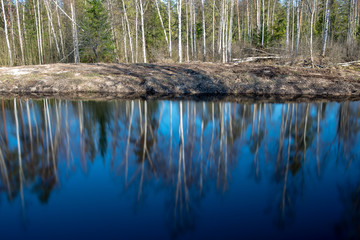 riverside landscape in latvia with dark water and dirty shore line