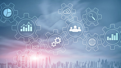 Wall Mural - business process abstract diagram with gears and icons. workflow and automation technology concept