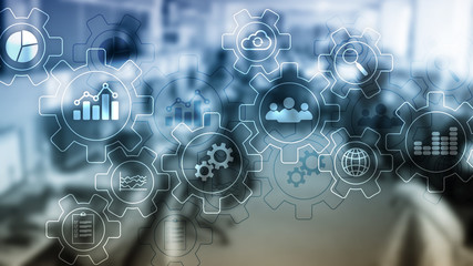 Business process abstract diagram with gears and icons. Workflow and automation technology concept