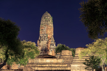 Wat Phra Ram temple light up at night Ayutthaya