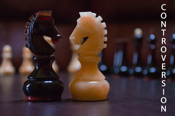 Black and white chess knights in opposition on a chess board