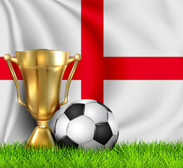 Golden realistic winner trophy cup and soccer ball isolated on national ENGLAND flag. National team is the winner of the football. Cup winner in the form of a golden bowl. Sport design background.