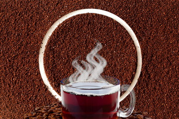 Wall Mural - coffee cup with dark roasted coffee beans and ground coffee powder in round frame closeup