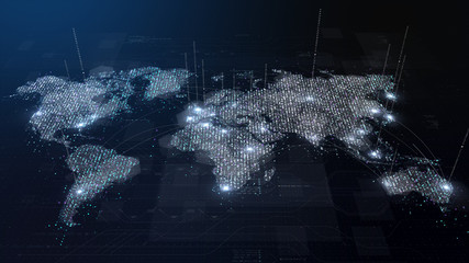 Fototapete - Futuristic global broadband internet communication between cities around the world with matrix particles continent map for head up display background