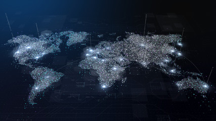 Poster - Futuristic global broadband internet communication between cities around the world with matrix particles continent map for head up display background